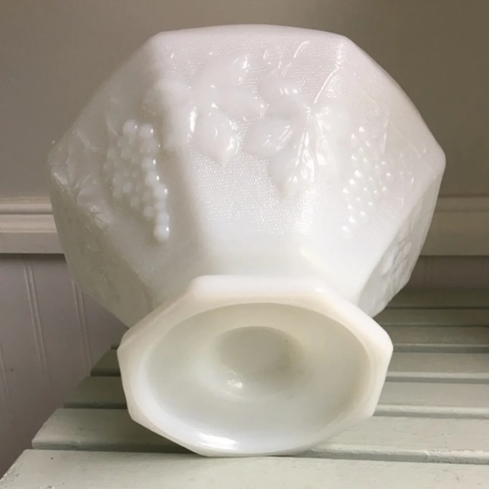 Vintage Footed Milk Glass Bowl with Grapevine Pattern